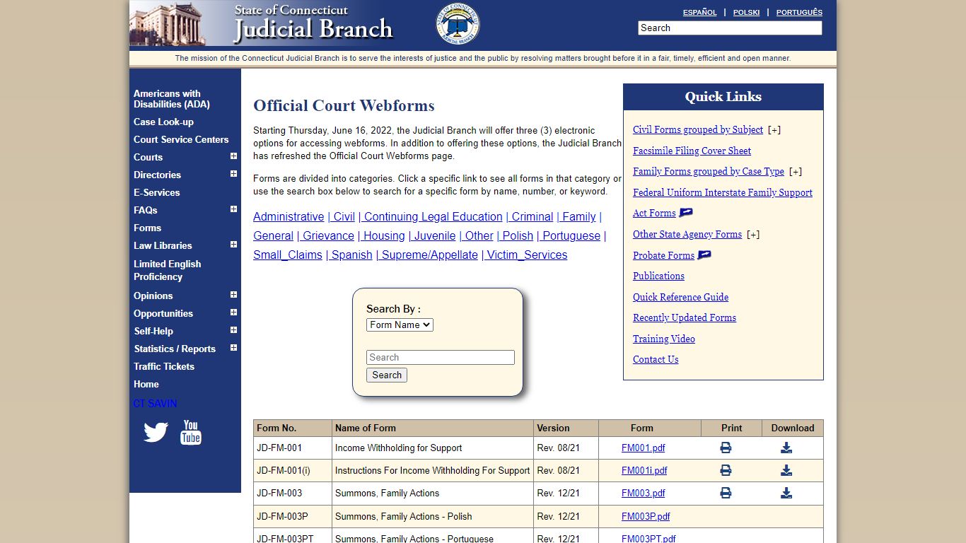 Official Court Forms of the Connecticut Judicial Branch